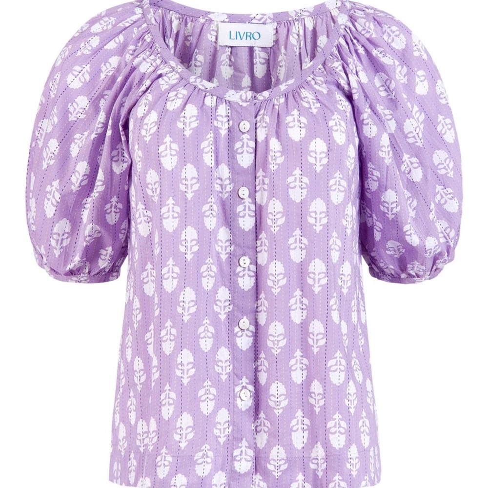 LIVRO Purple Puff Sleeve Ruffled Blouse